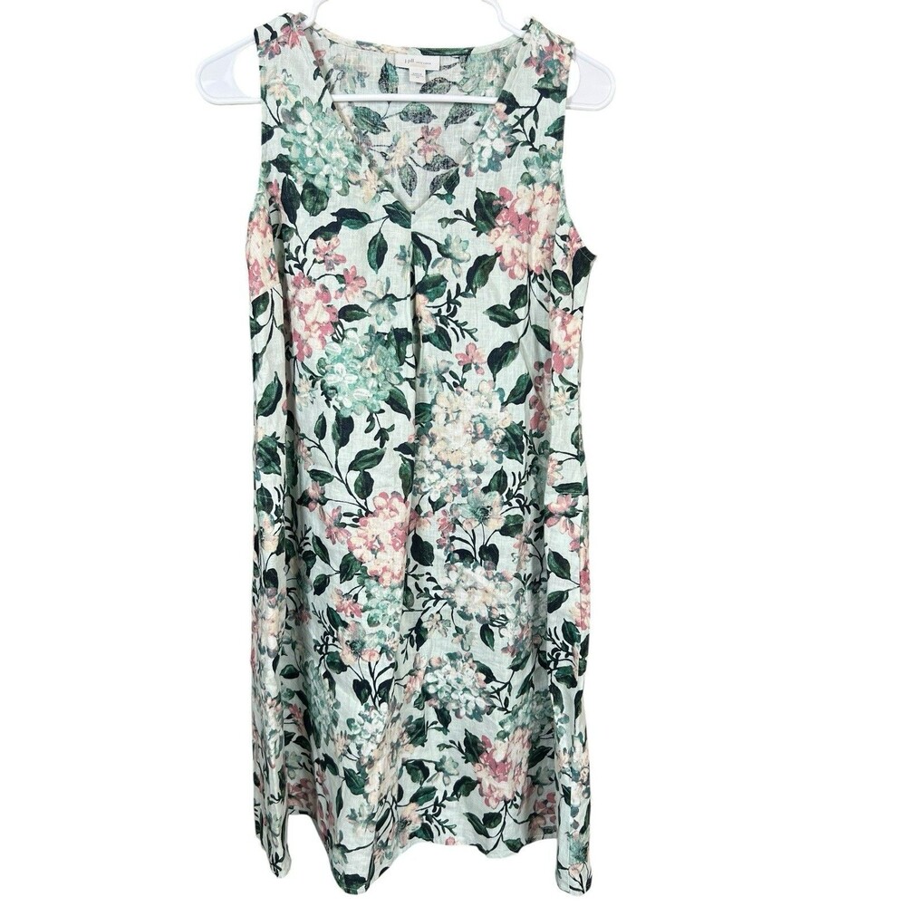 J Jill Love Linen XS A Line Shift Dress Green Pink Hydrangea Floral Casual